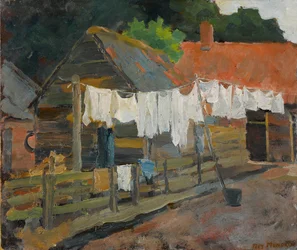Bondgård med Wash on the Line, ca 1898 (olja på kartong)